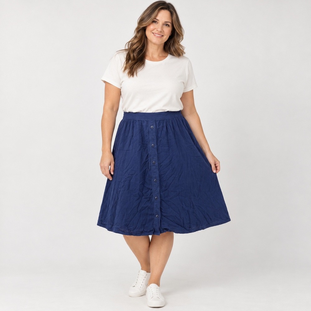 Pact Button Front Skirt Womens L Navy Blue Organic Cotton Gauze Midi Pockets